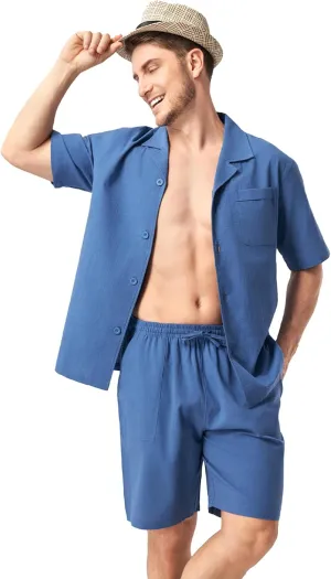 DAVID ARCHY Mens Pajamas Set 100% Cotton Summer Short Sleeve Shirt and Shorts Pjs Lightweight Hawaiian Sets for Lounging