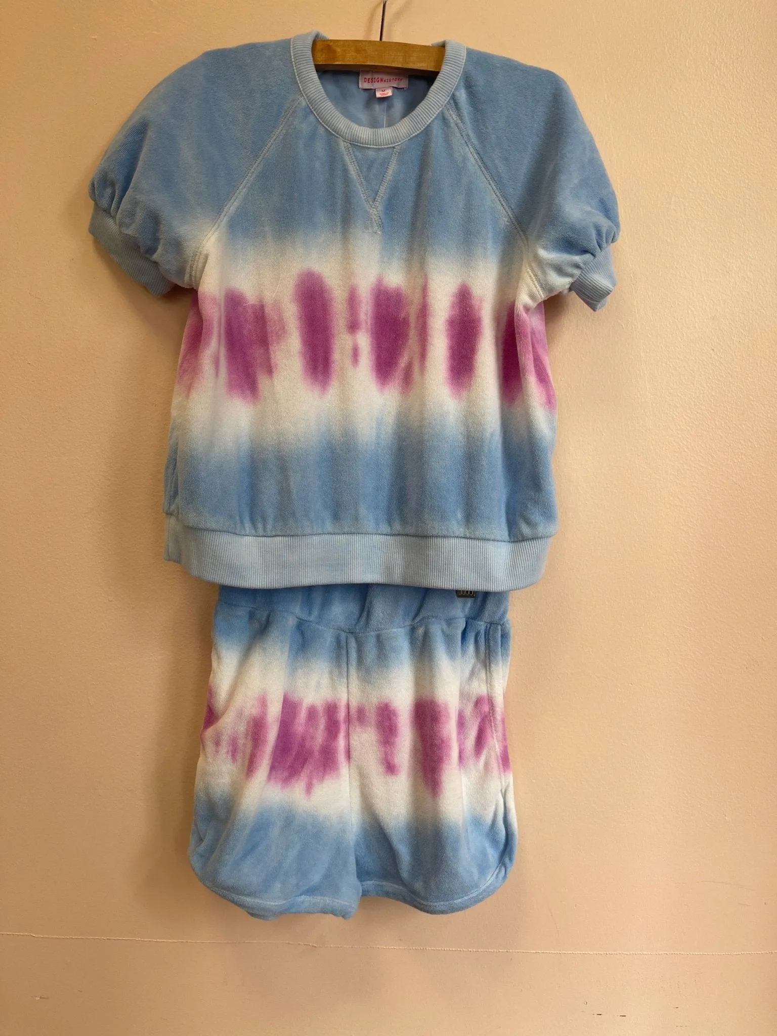 Design History Girls Denim Blue & Pink Shine Terry Top & Shorts Set