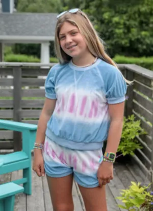 Design History Girls Denim Blue & Pink Shine Terry Top & Shorts Set