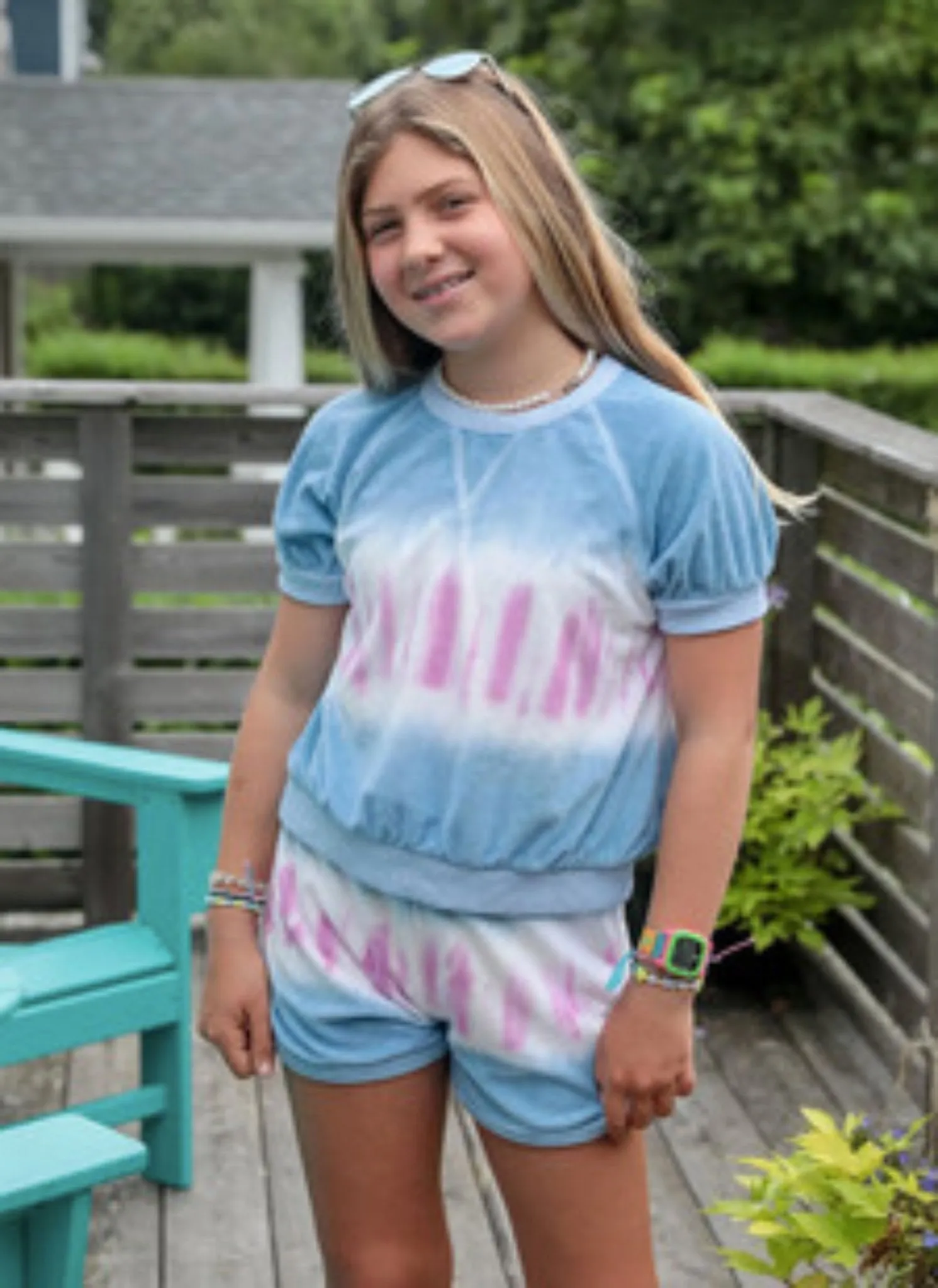 Design History Girls Denim Blue & Pink Shine Terry Top & Shorts Set