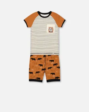 Deux par Deux Boy's Organic Cotton Two Piece Short Caramel Printed Rhinoceros Pajama Set