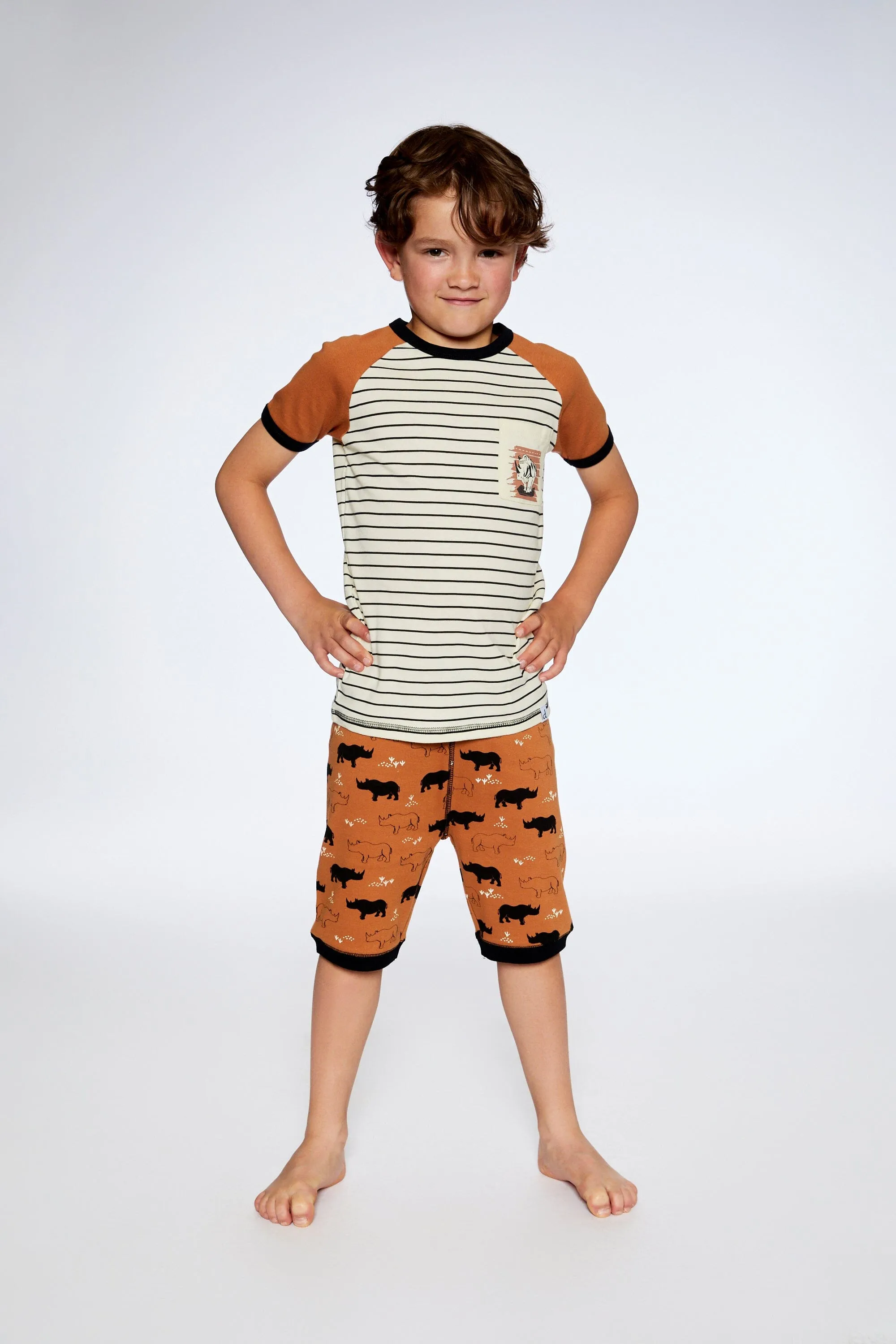 Deux par Deux Boy's Organic Cotton Two Piece Short Caramel Printed Rhinoceros Pajama Set