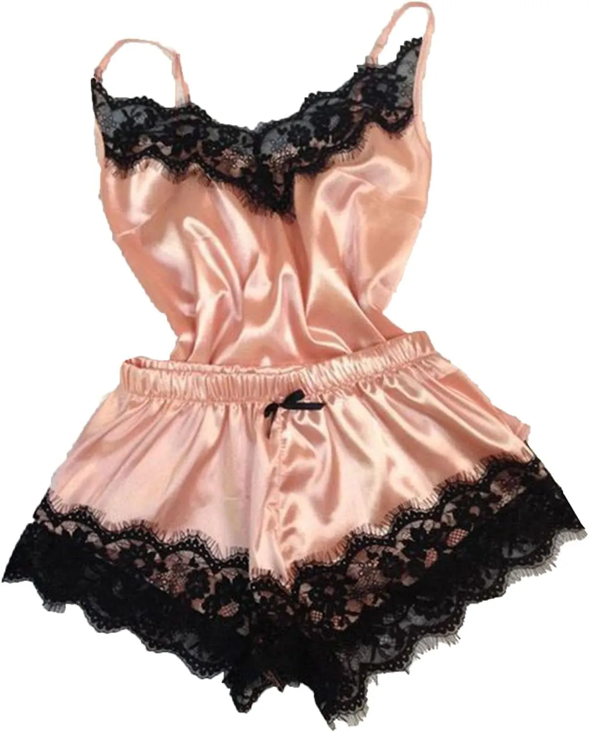 DGHM-JLMY Lace Pajamas With Knot For Women 2 Pieces Sexy Ruffled Satin Silk Pajama Sets Strapless Bralette And Panties