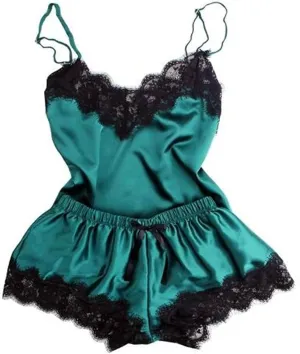 DGHM-JLMY Women Lace Vest V-Neck Silk Pajamas Set Elegant Cami Shorts Set Satin Sleepwear Sexy Bralette And Shorts Sleepwear