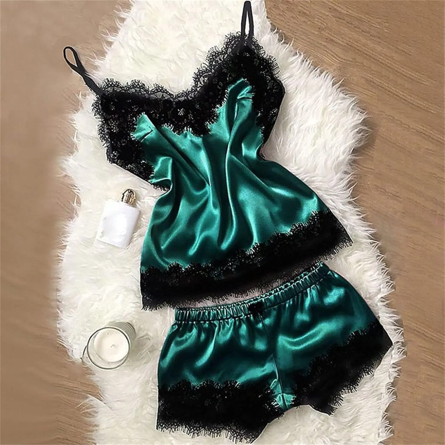 DGHM-JLMY Women Lace Vest V-Neck Silk Pajamas Set Elegant Cami Shorts Set Satin Sleepwear Sexy Bralette And Shorts Sleepwear