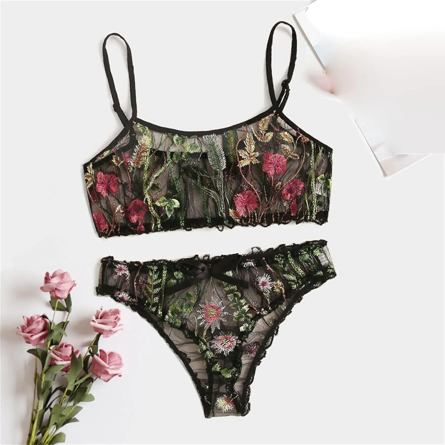 DGHM-JLMY Women Sexy Lace Underwear Set 2 Piece Sexy Bralette and Panty Set Embroidered Mesh Sheer Lingerie