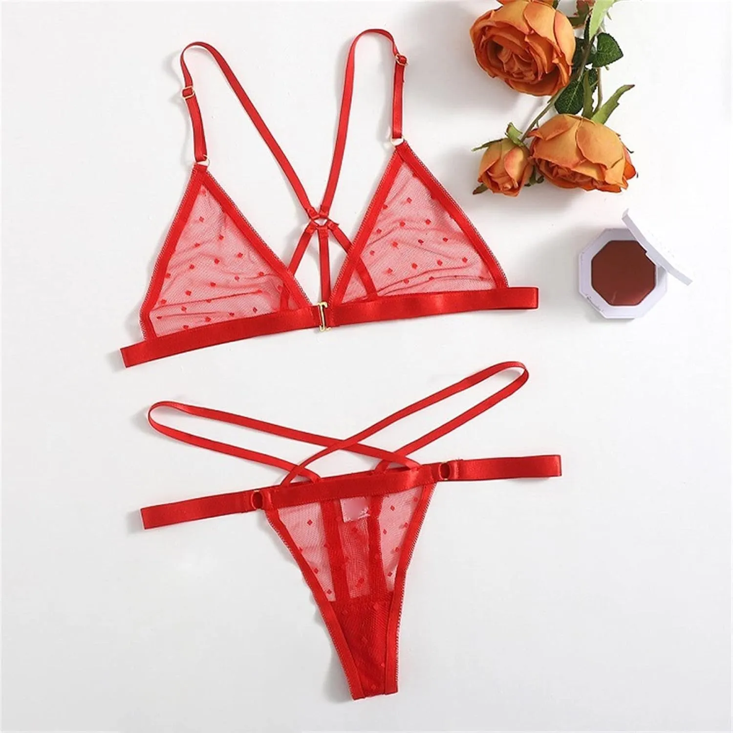 DGHM-JLMY Women's Mesh Bralette and Thongs 2 Piece Sexy polka dots Lingerie set Cut Out lace Underwire Bra and Panty Set