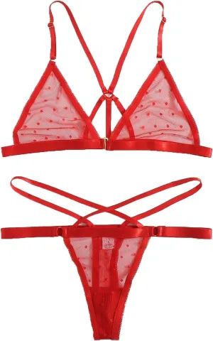 DGHM-JLMY Women's Mesh Bralette and Thongs 2 Piece Sexy polka dots Lingerie set Cut Out lace Underwire Bra and Panty Set