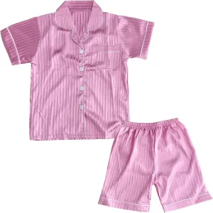 DIPUG Kids Pajamas Satin Pajama Set Silk Pjs Short Sleeve Sleepwear(Jacquard Middle Pink)