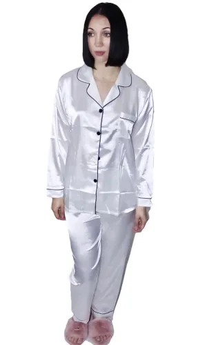 Dortheia Classic Two Piece Satin Pajama Pant Set with Button Up Blouse
