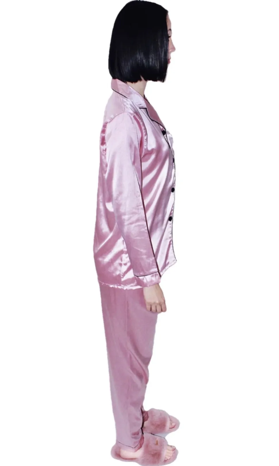 Dortheia Classic Two Piece Satin Pajama Pant Set with Button Up Blouse