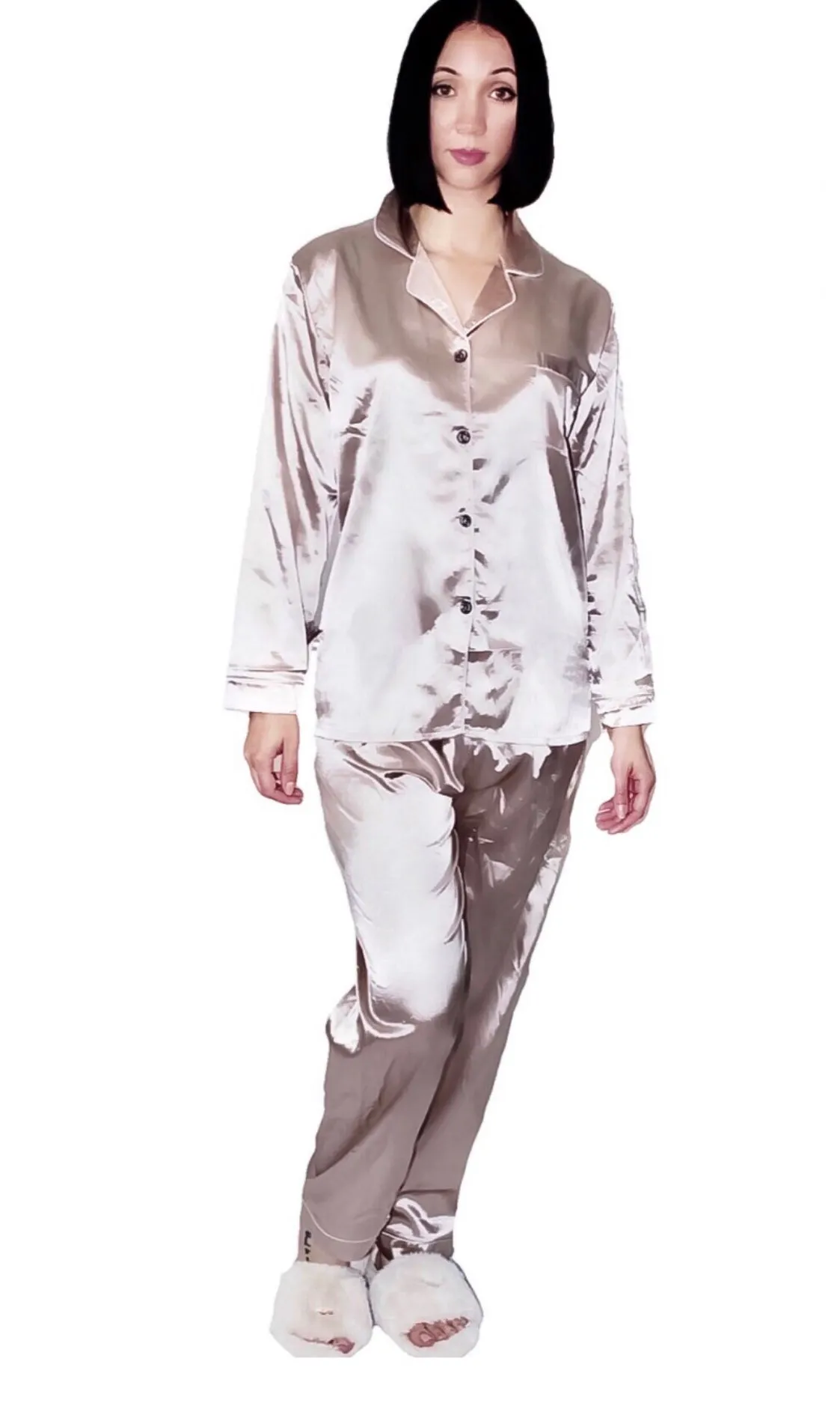 Dortheia Classic Two Piece Satin Pajama Pant Set with Button Up Blouse