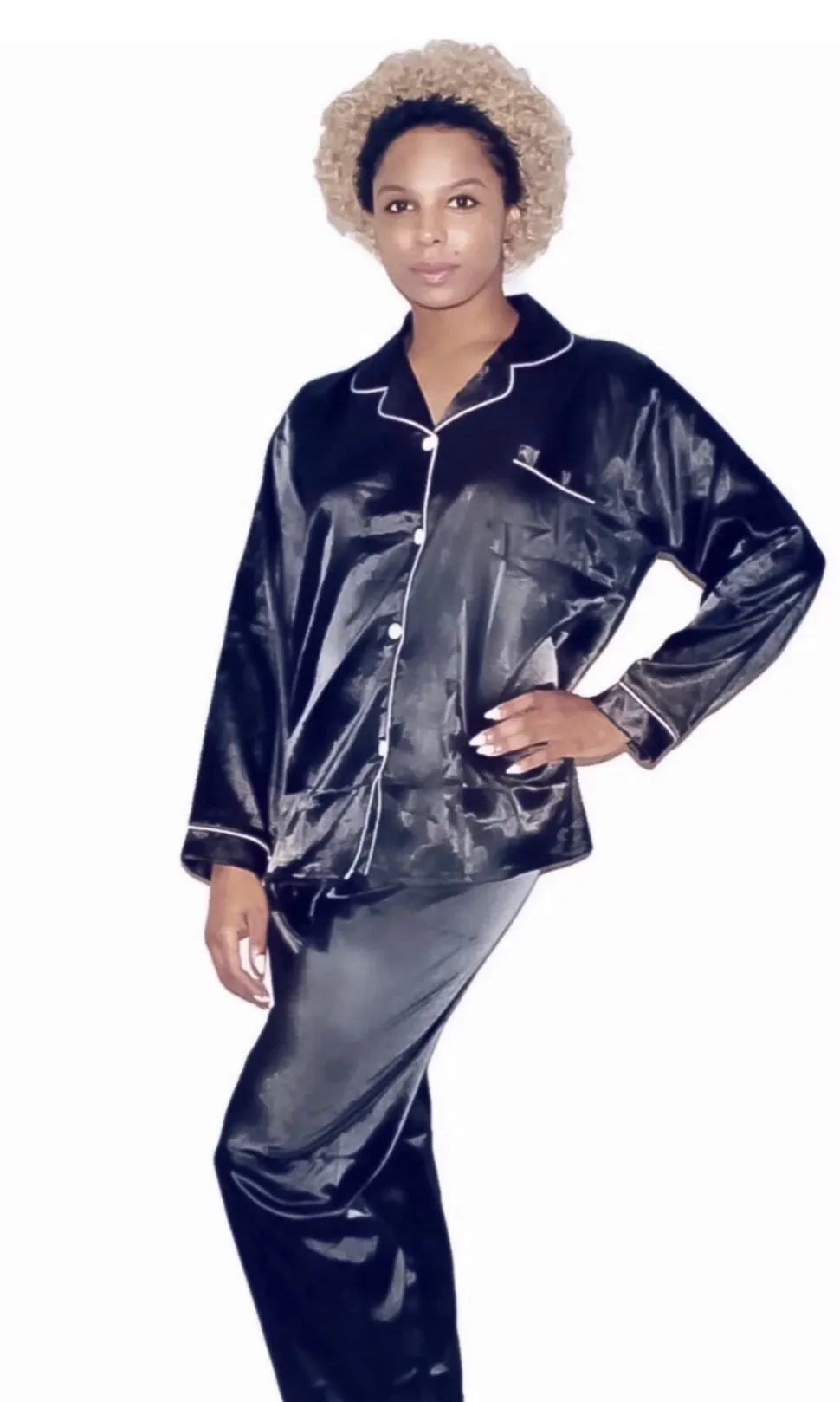 Dortheia Classic Two Piece Satin Pajama Pant Set with Button Up Blouse