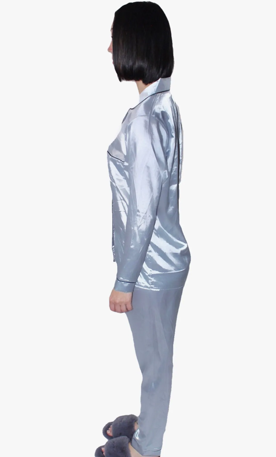 Dortheia Classic Two Piece Satin Pajama Pant Set with Button Up Blouse