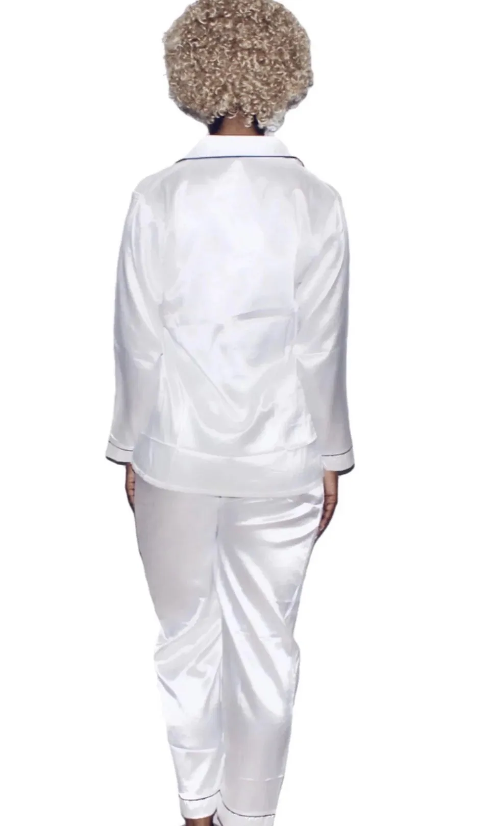 Dortheia Classic Two Piece Satin Pajama Pant Set with Button Up Blouse