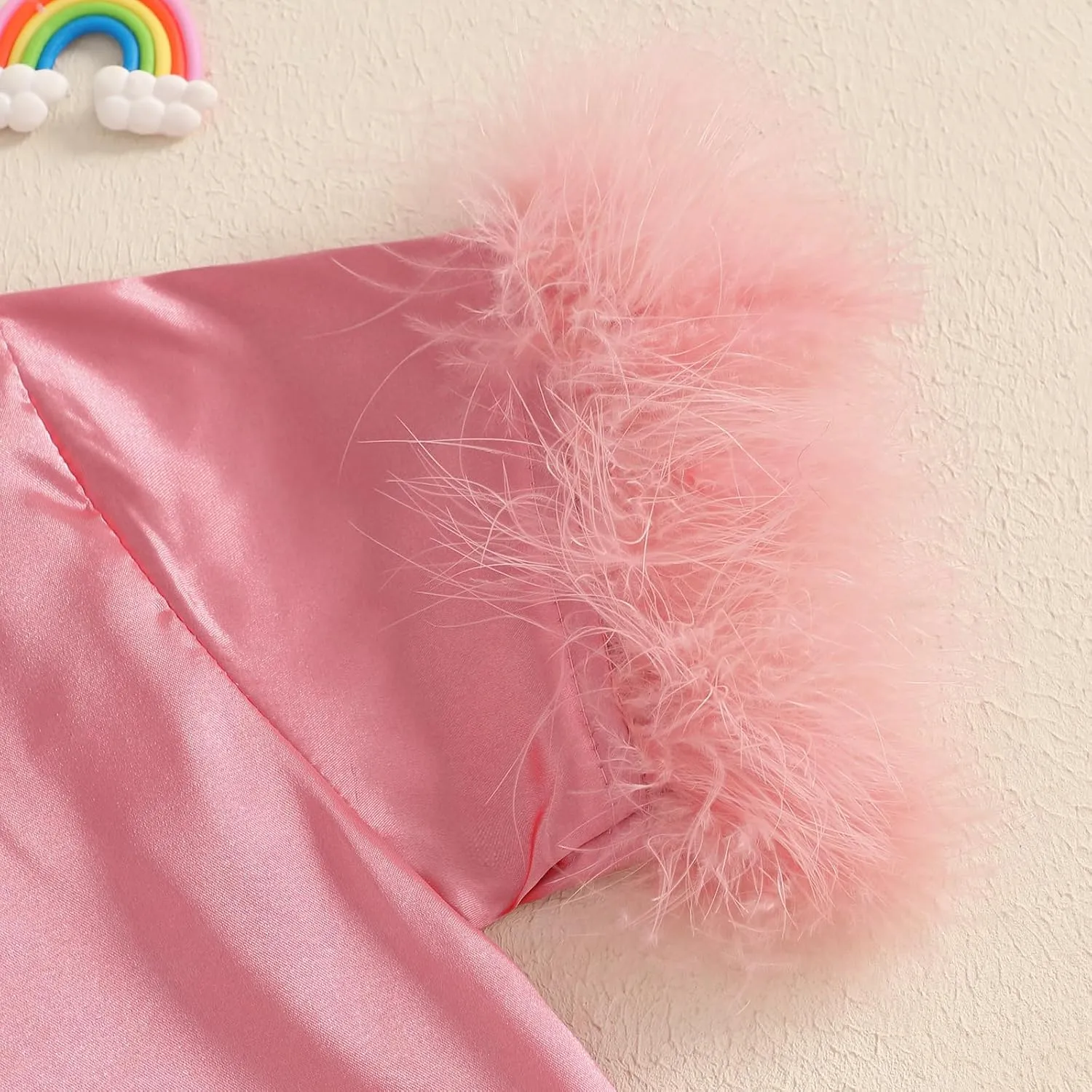 DuAnyozu Baby Girl Pjs Kids Feather Trim Short Sleeve Shirt Shorts Satin Pajama Set Bunny Spring Little Girls Clothes