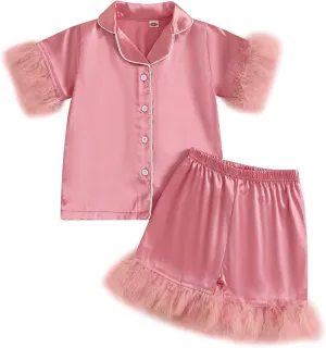 DuAnyozu Baby Girl Pjs Kids Feather Trim Short Sleeve Shirt Shorts Satin Pajama Set Bunny Spring Little Girls Clothes