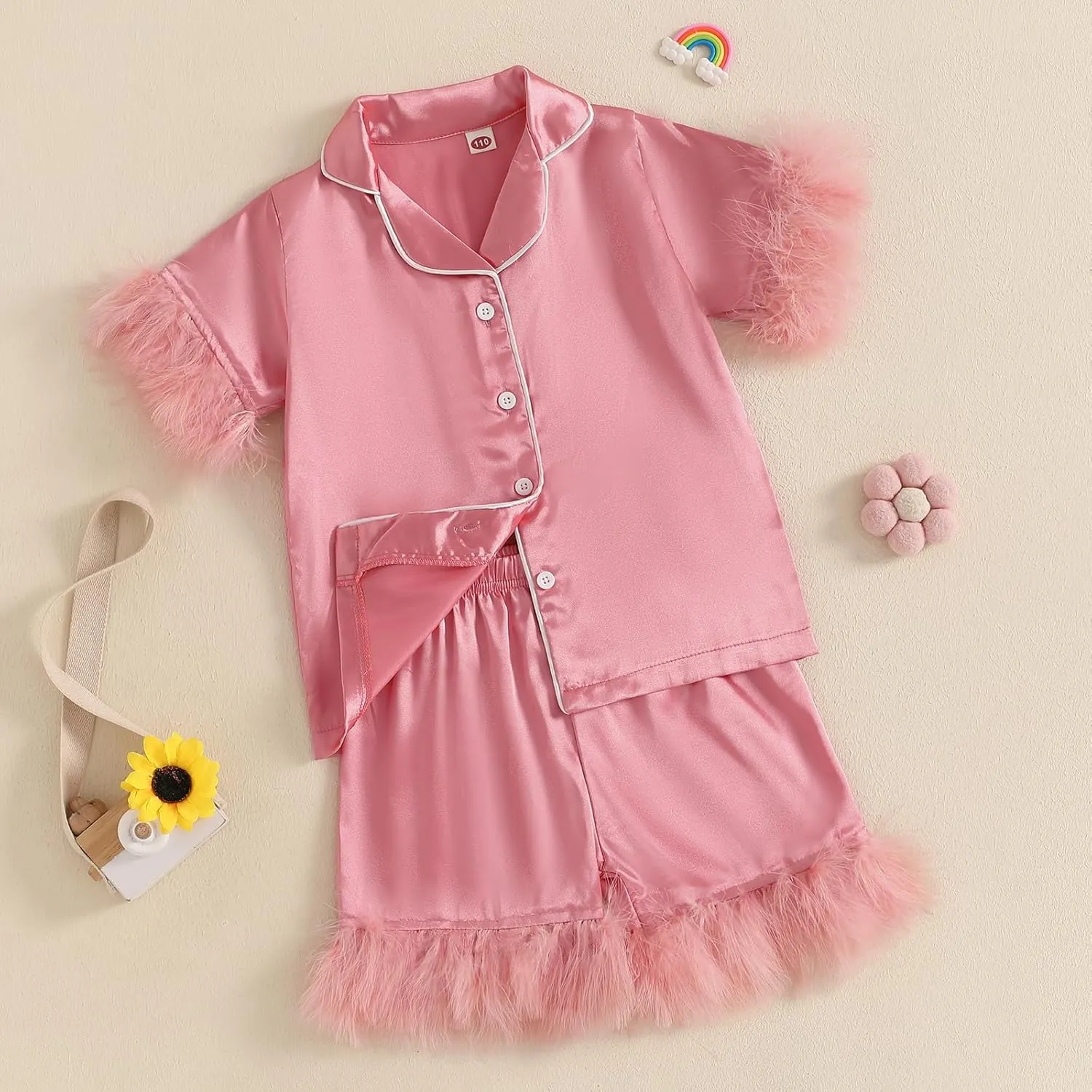 DuAnyozu Baby Girl Pjs Kids Feather Trim Short Sleeve Shirt Shorts Satin Pajama Set Bunny Spring Little Girls Clothes