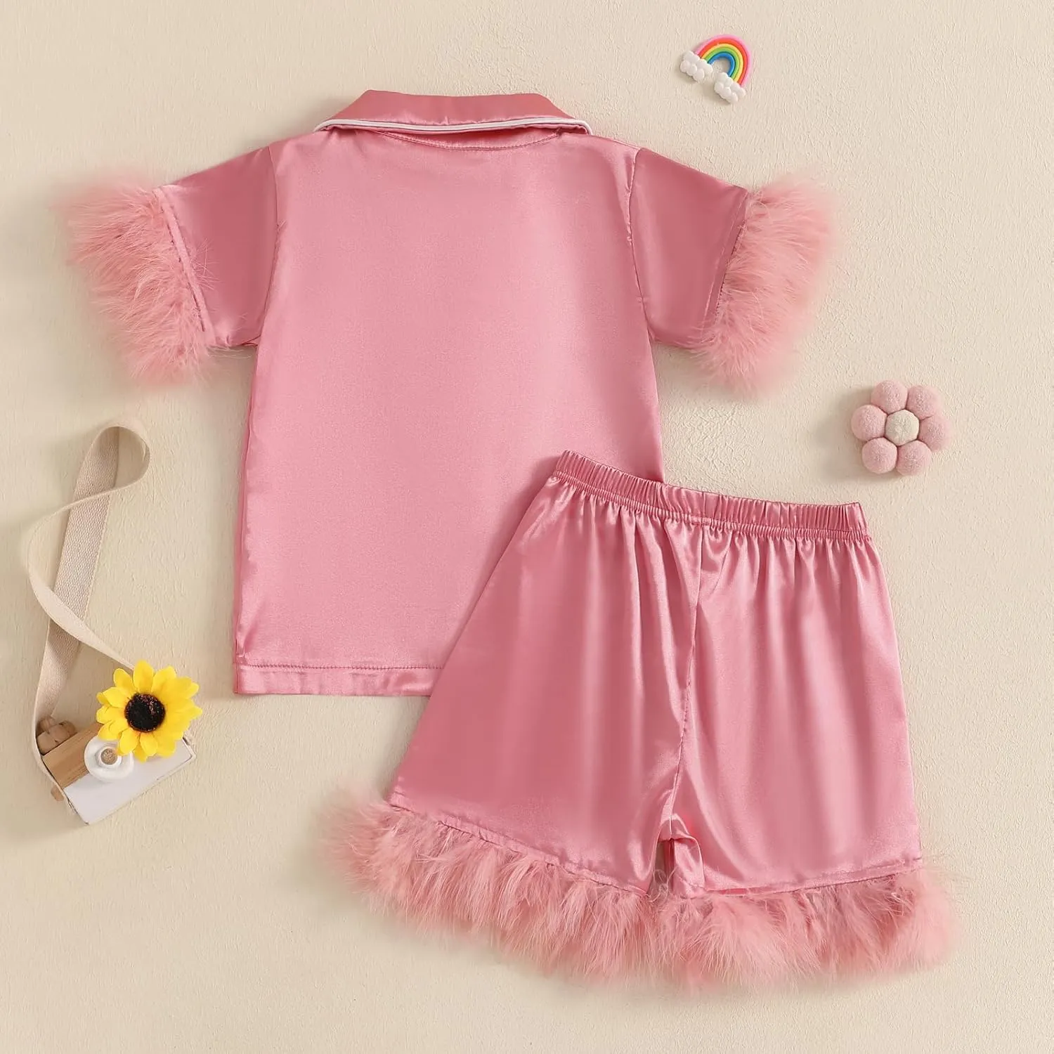 DuAnyozu Baby Girl Pjs Kids Feather Trim Short Sleeve Shirt Shorts Satin Pajama Set Bunny Spring Little Girls Clothes