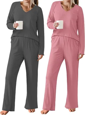 Ekouaer 2 PackWomens Ribbed Knit Pajama Set with Pockets Long Sleeve PJs V Neck Soft Loungewear Loose Matching Outfits Set