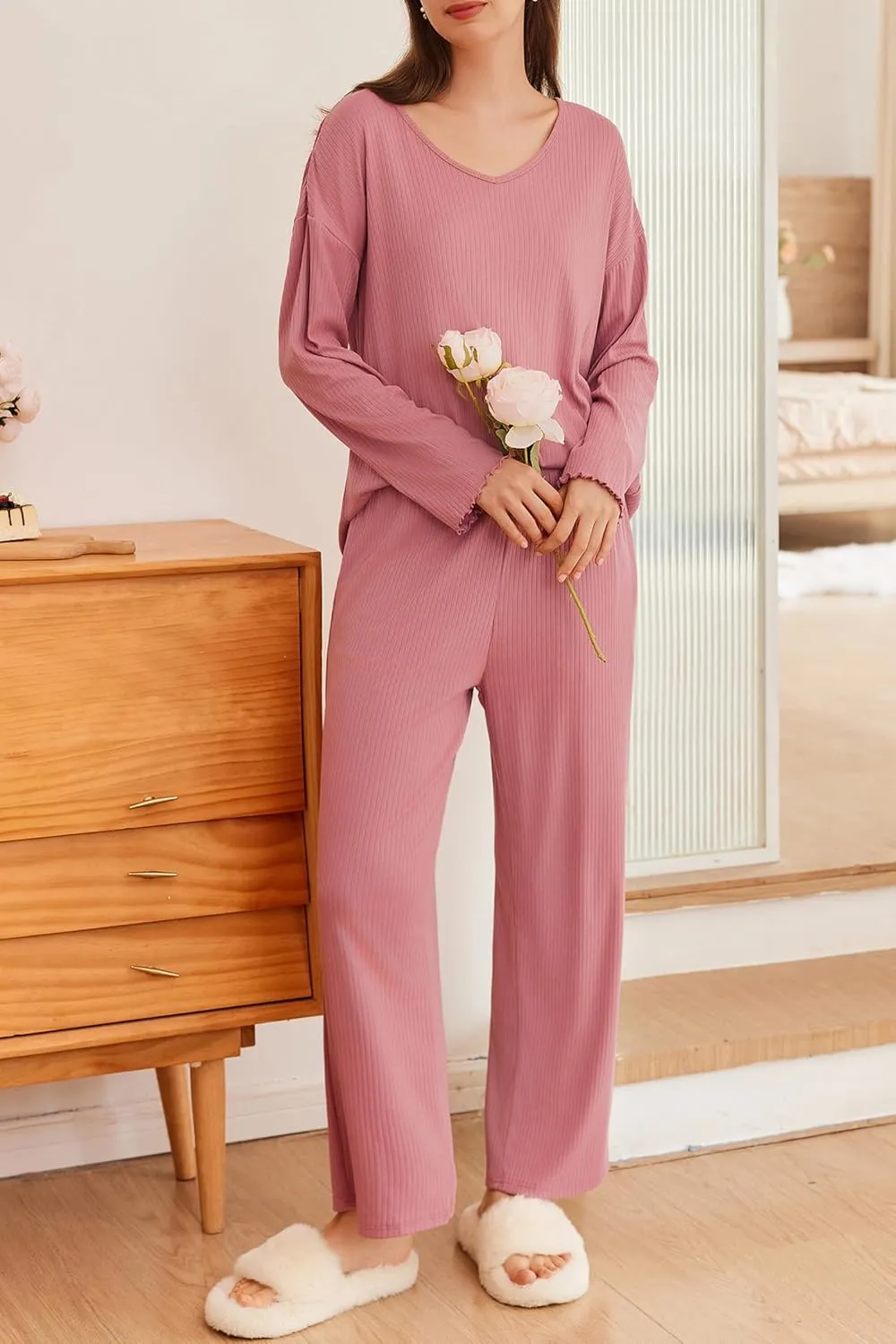 Ekouaer 2 PackWomens Ribbed Knit Pajama Set with Pockets Long Sleeve PJs V Neck Soft Loungewear Loose Matching Outfits Set
