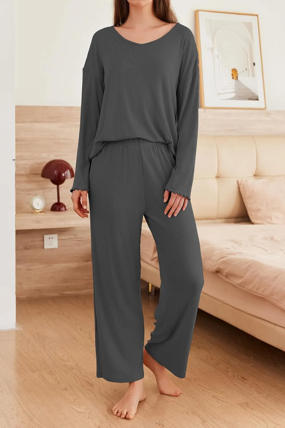 Ekouaer 2 PackWomens Ribbed Knit Pajama Set with Pockets Long Sleeve PJs V Neck Soft Loungewear Loose Matching Outfits Set