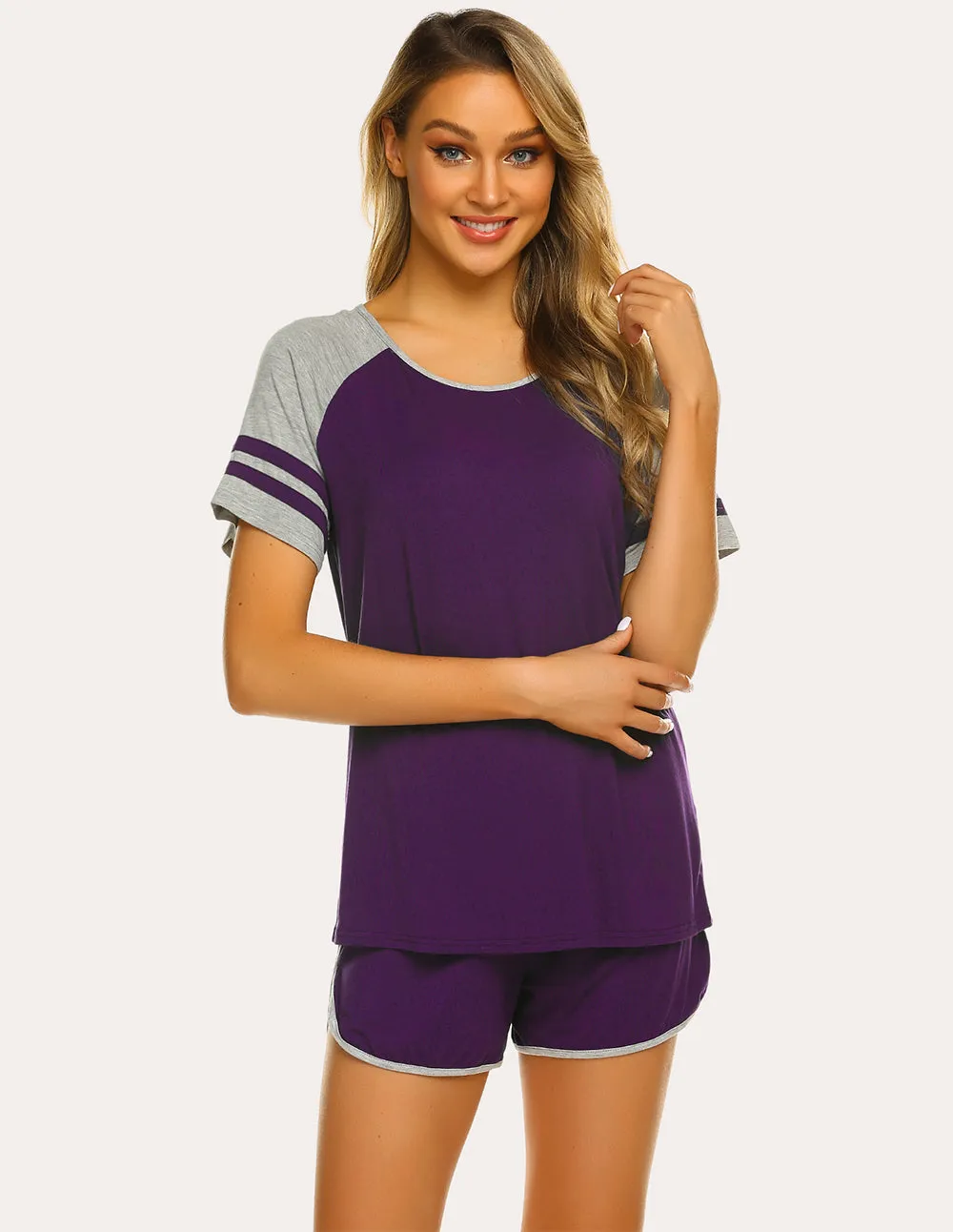 Ekouaer Contrast Color Raglan Sleeve Pajamas Set (US Only)