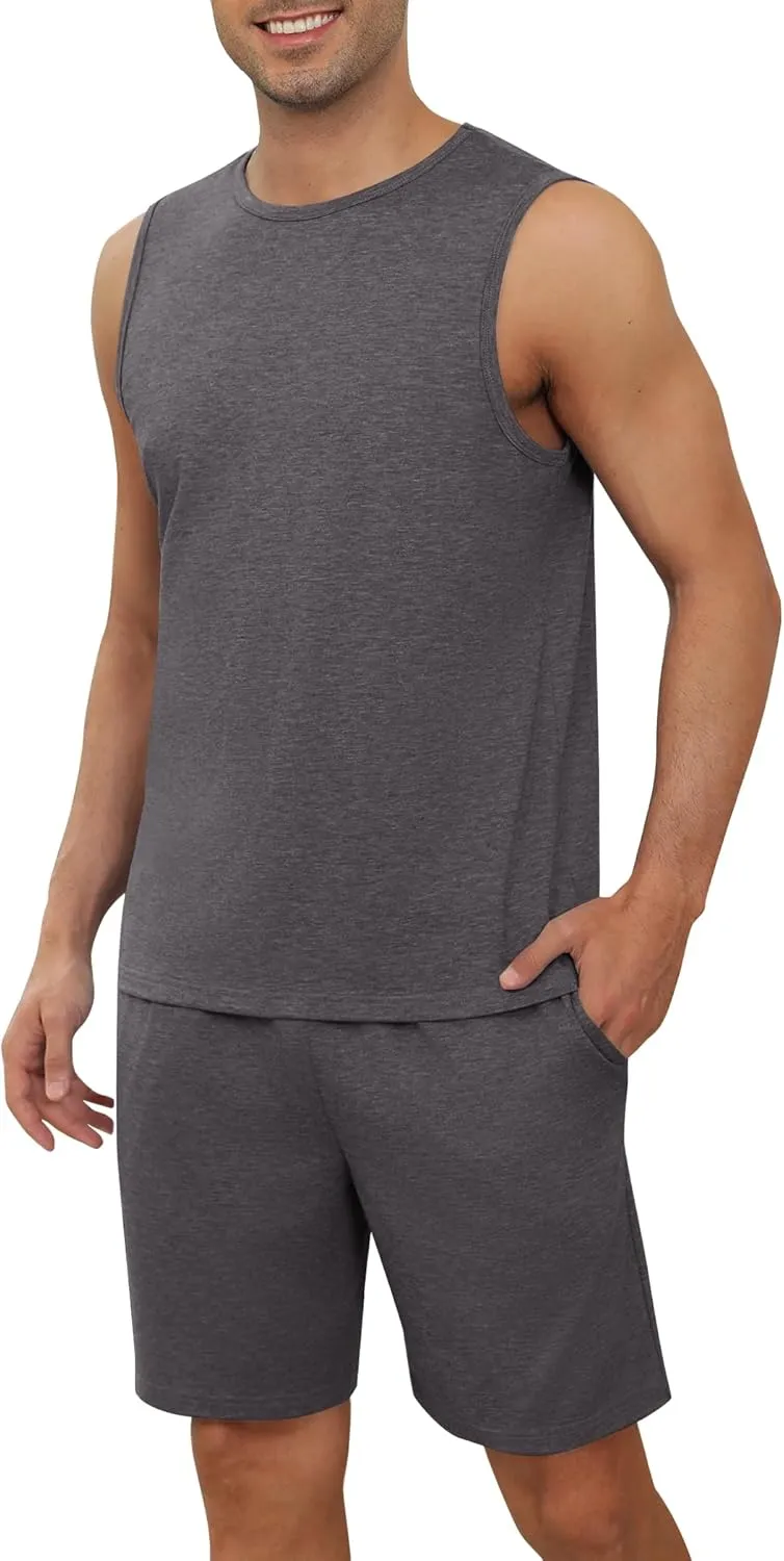 Ekouaer Men's Pajamas Set Workout Tank Top Pjs Sets with Shorts 2 Piece Soft Sleeveless Casual Shirts Loungewear Sets, S-XXL
