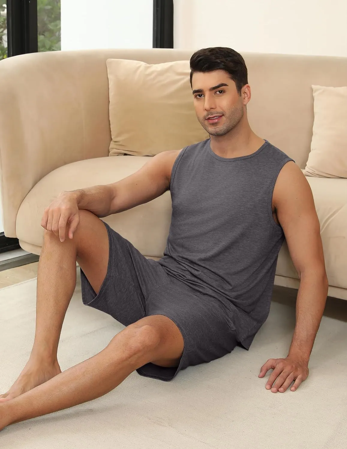 Ekouaer Men's Pajamas Set Workout Tank Top Pjs Sets with Shorts 2 Piece Soft Sleeveless Casual Shirts Loungewear Sets, S-XXL