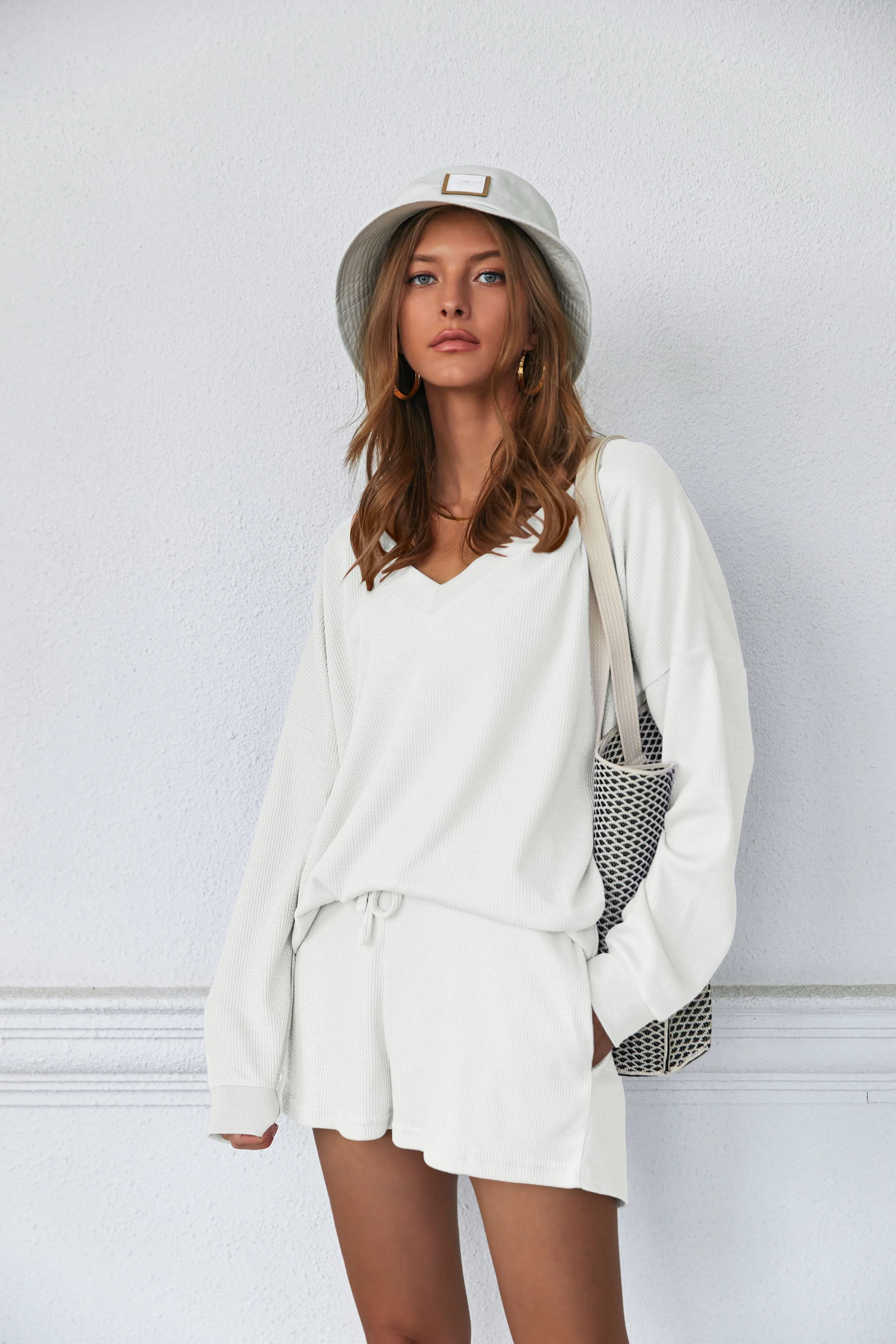 Ekouaer Pajama Set Waffle Knit Lounge Set V Neck Off Shoulder Sleepwear (US Only)
