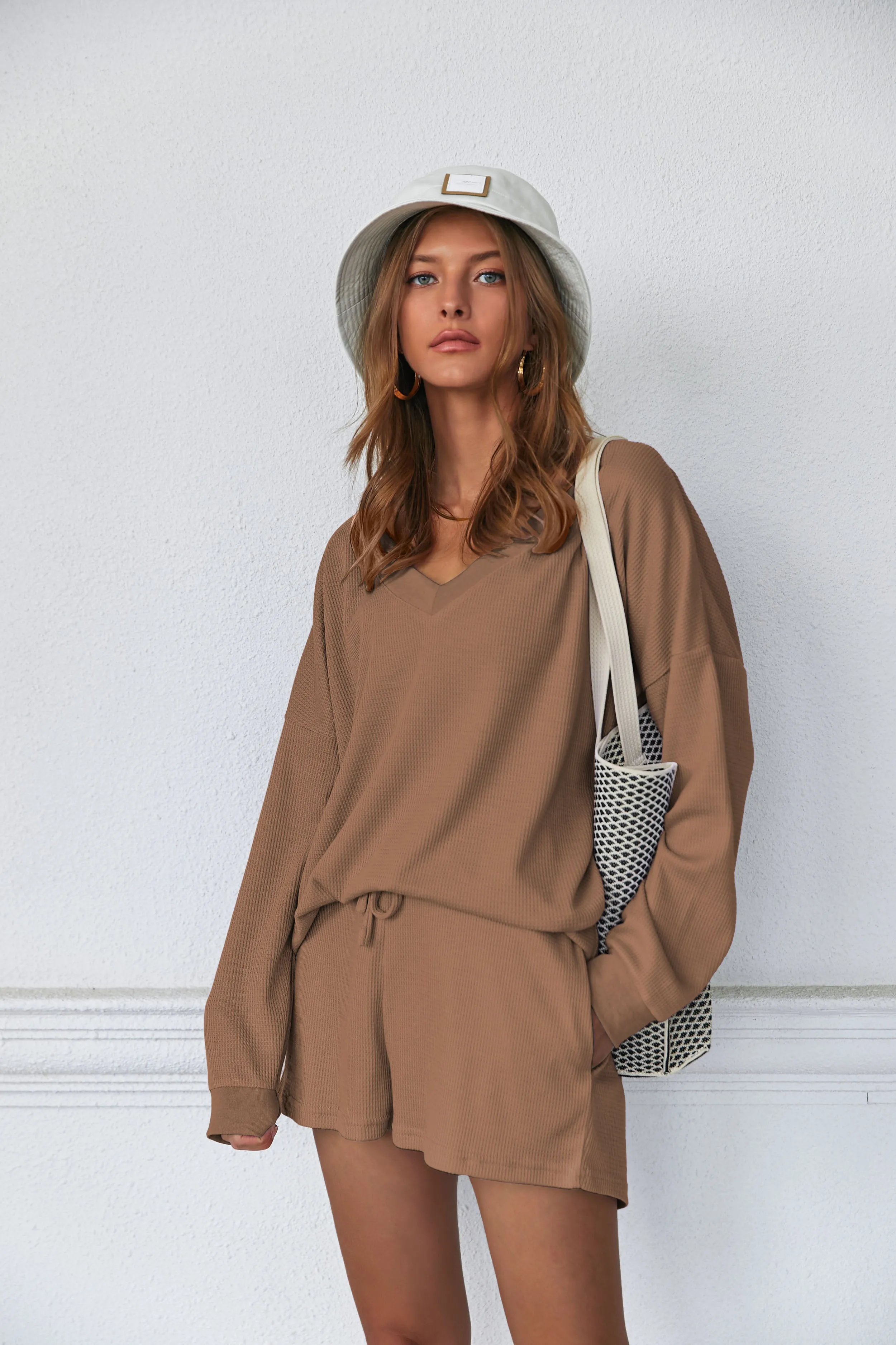Ekouaer Pajama Set Waffle Knit Lounge Set V Neck Off Shoulder Sleepwear (US Only)