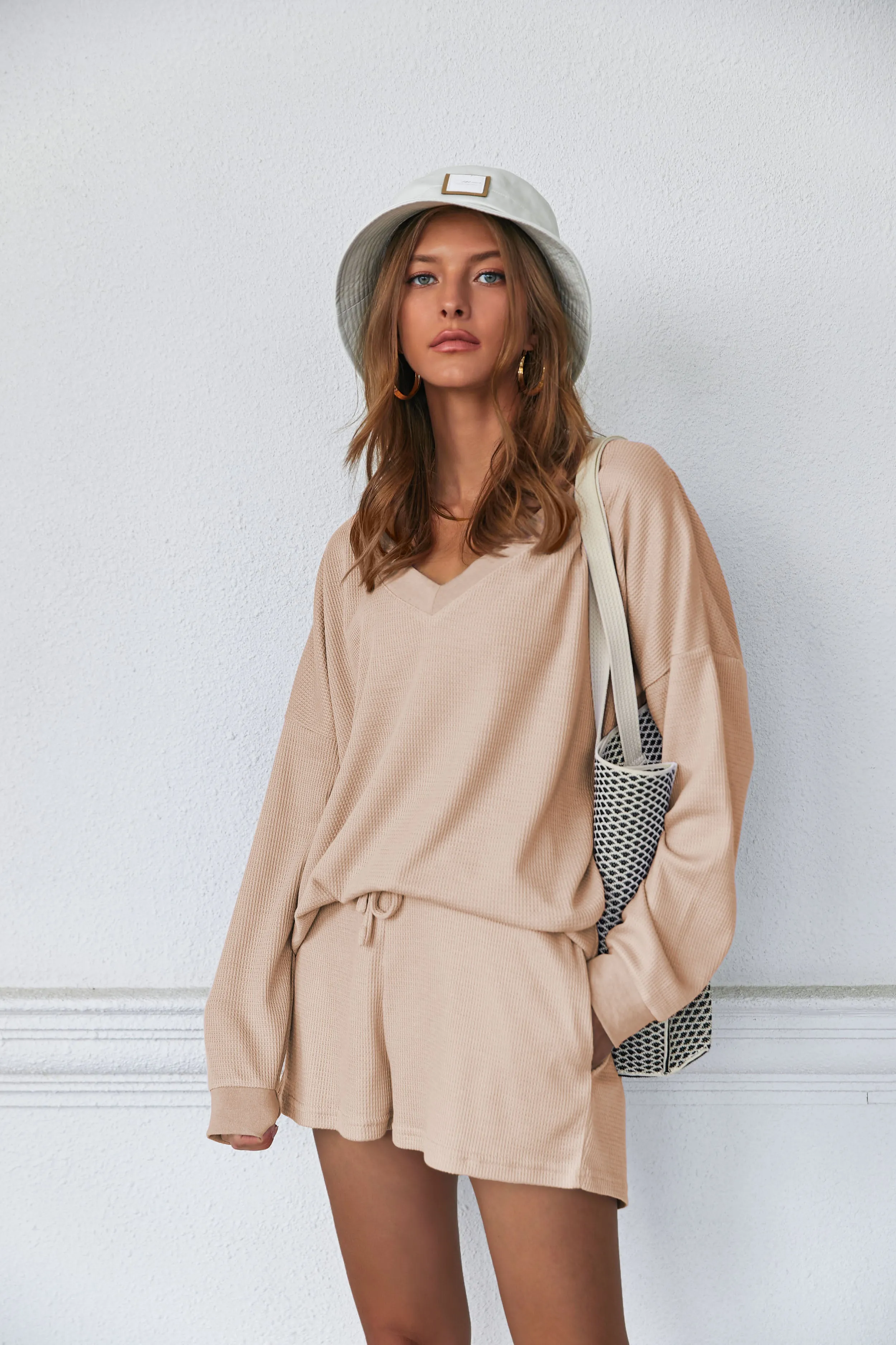 Ekouaer Pajama Set Waffle Knit Lounge Set V Neck Off Shoulder Sleepwear (US Only)