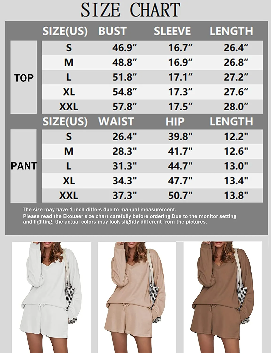 Ekouaer Pajama Set Waffle Knit Lounge Set V Neck Off Shoulder Sleepwear (US Only)
