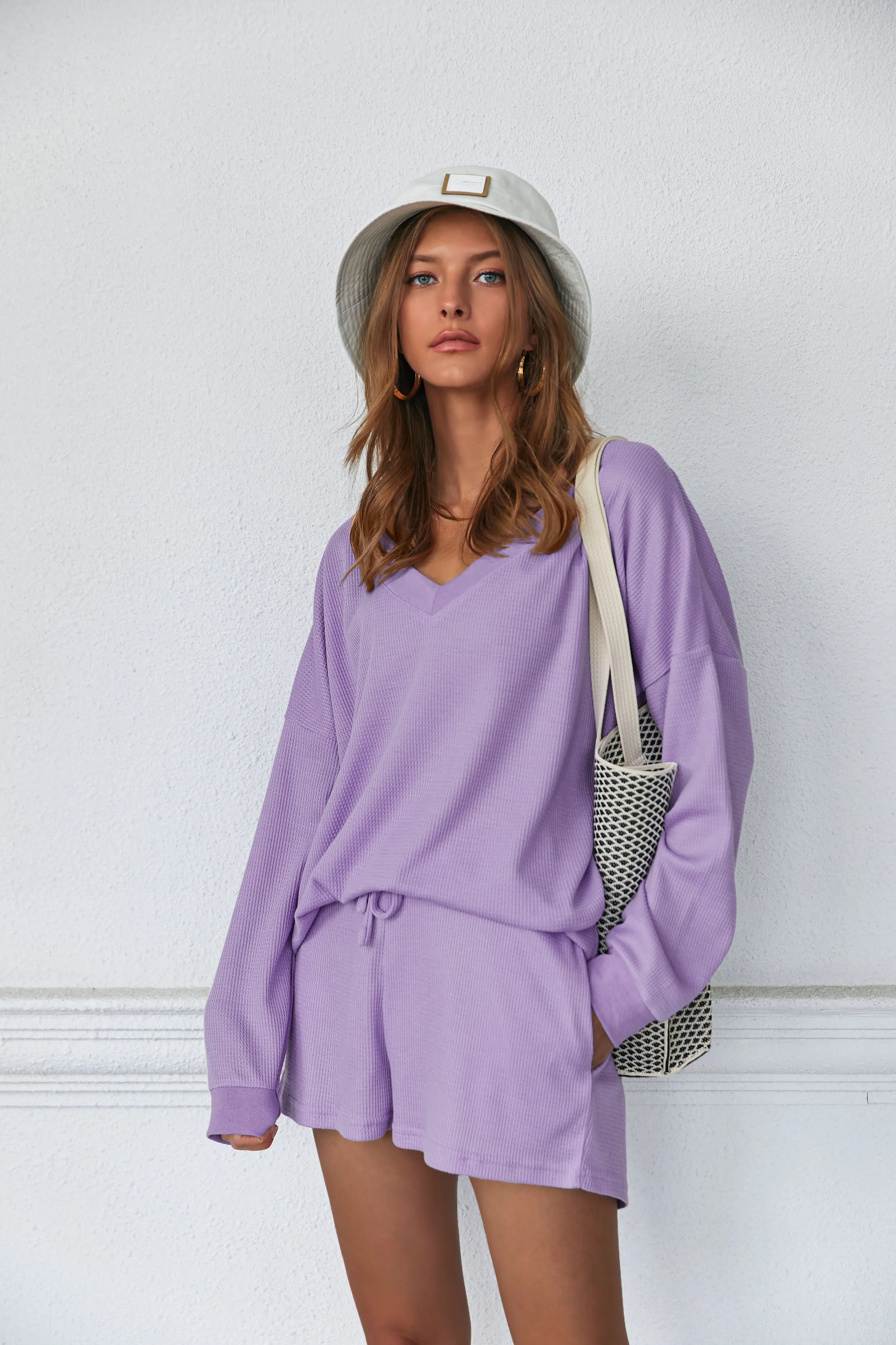 Ekouaer Pajama Set Waffle Knit Lounge Set V Neck Off Shoulder Sleepwear (US Only)