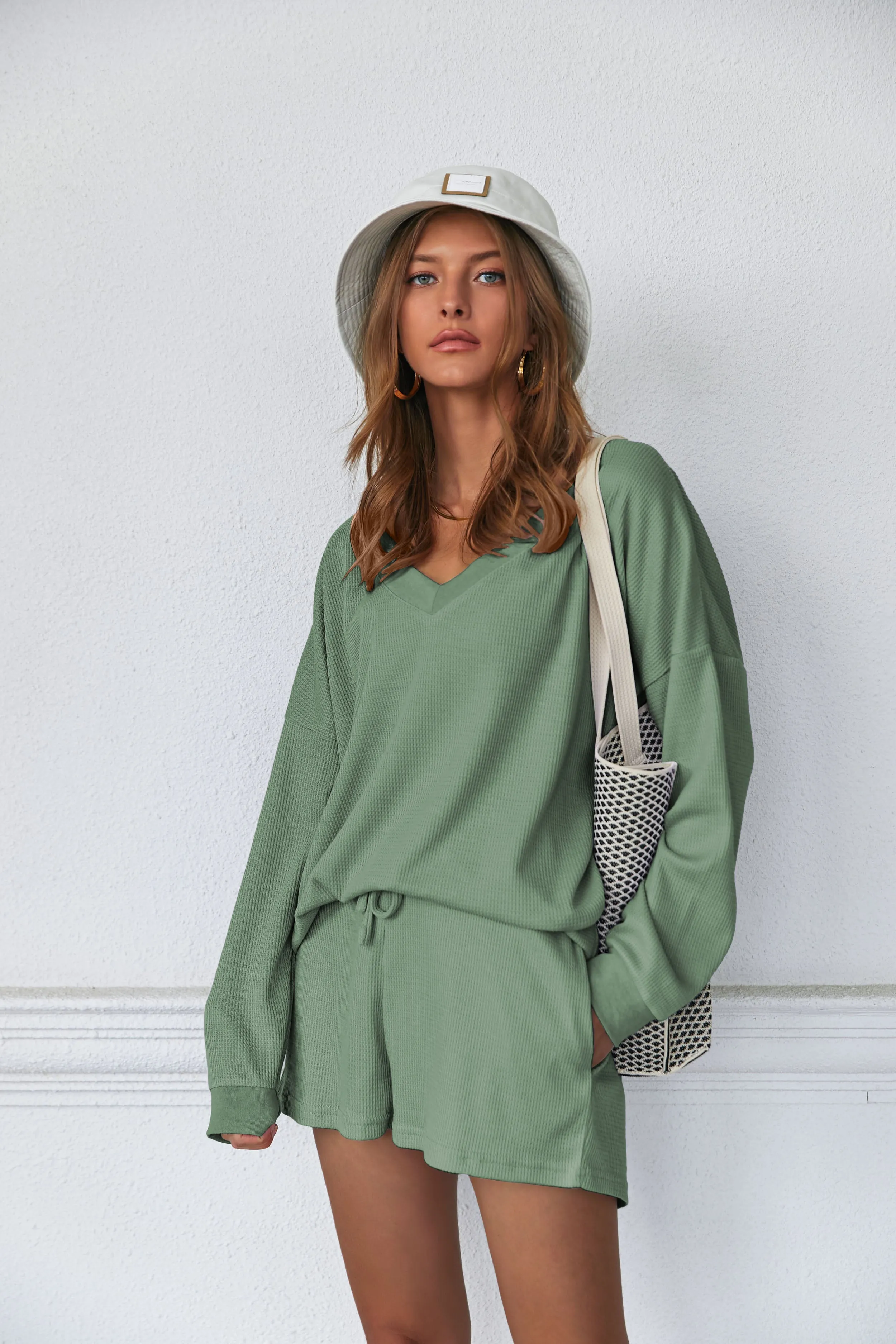 Ekouaer Pajama Set Waffle Knit Lounge Set V Neck Off Shoulder Sleepwear (US Only)