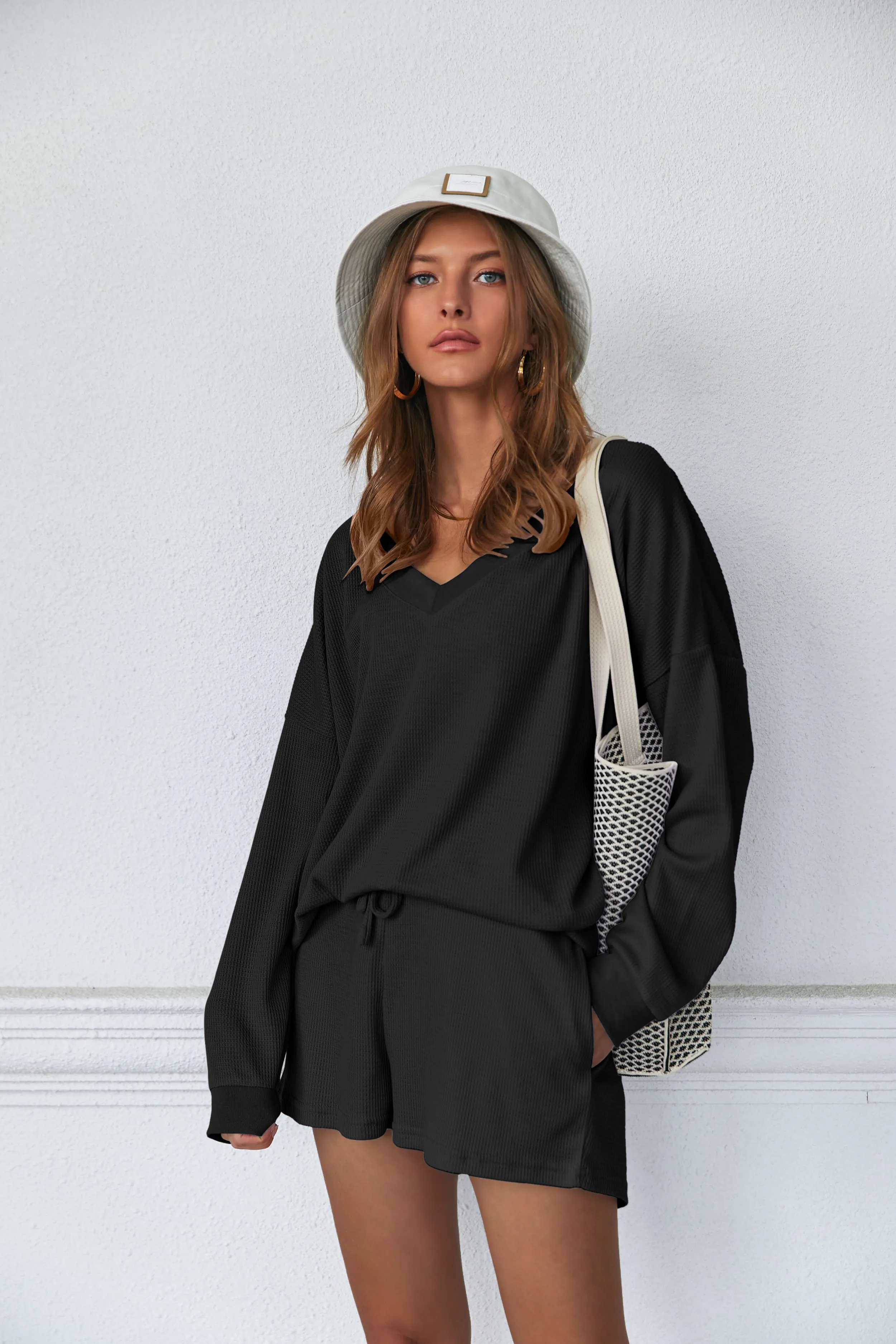 Ekouaer Pajama Set Waffle Knit Lounge Set V Neck Off Shoulder Sleepwear (US Only)