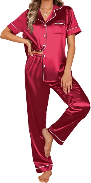 Ekouaer Satin Pajamas Set Women Short Sleeve Sleepwear Soft Button Down Loungewear Pjs Set