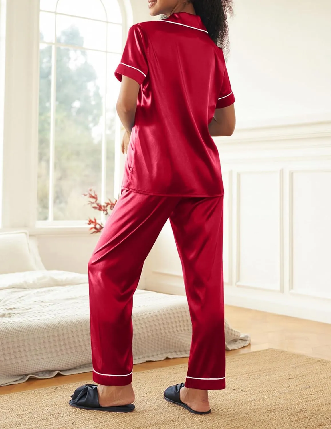 Ekouaer Satin Pajamas Set Women Short Sleeve Sleepwear Soft Button Down Loungewear Pjs Set