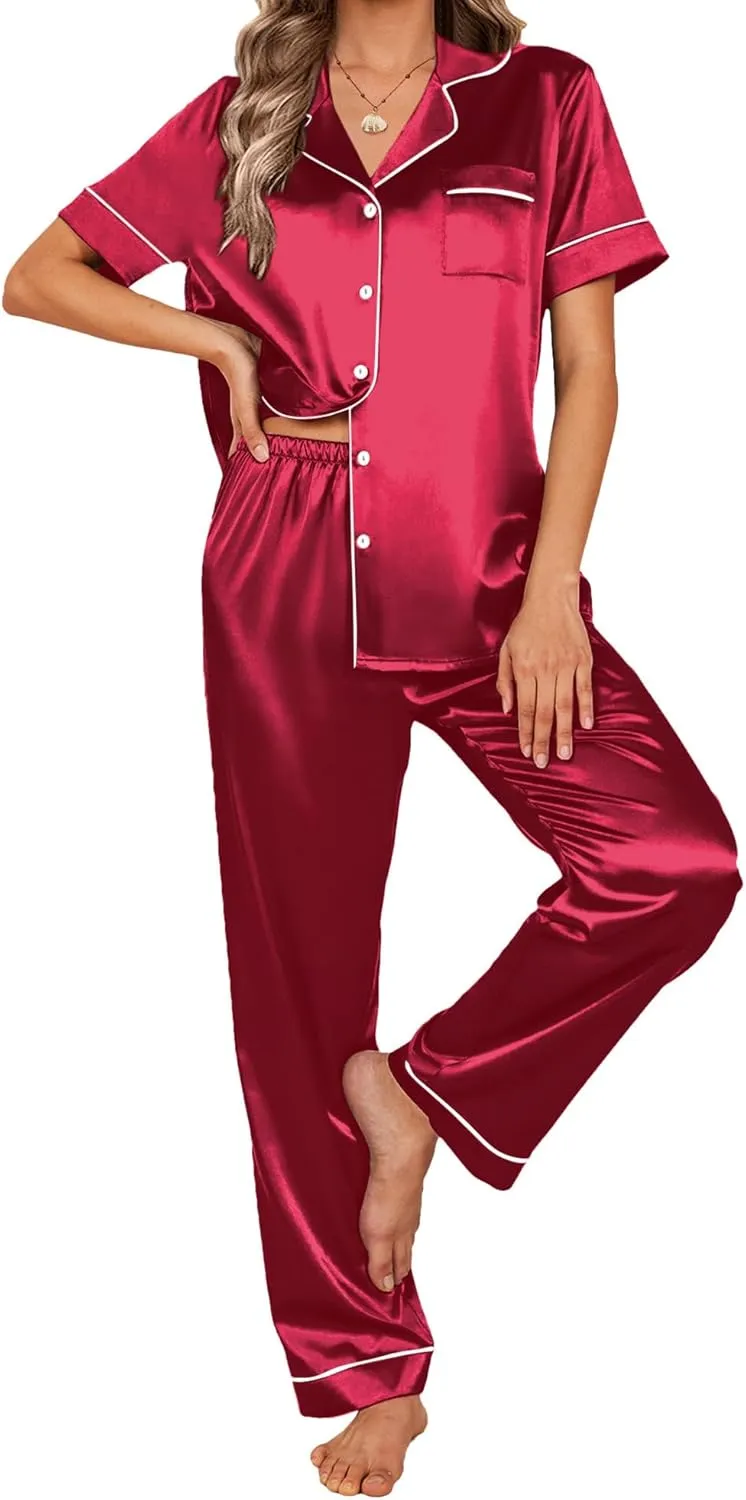 Ekouaer Satin Pajamas Set Women Short Sleeve Sleepwear Soft Button Down Loungewear Pjs Set