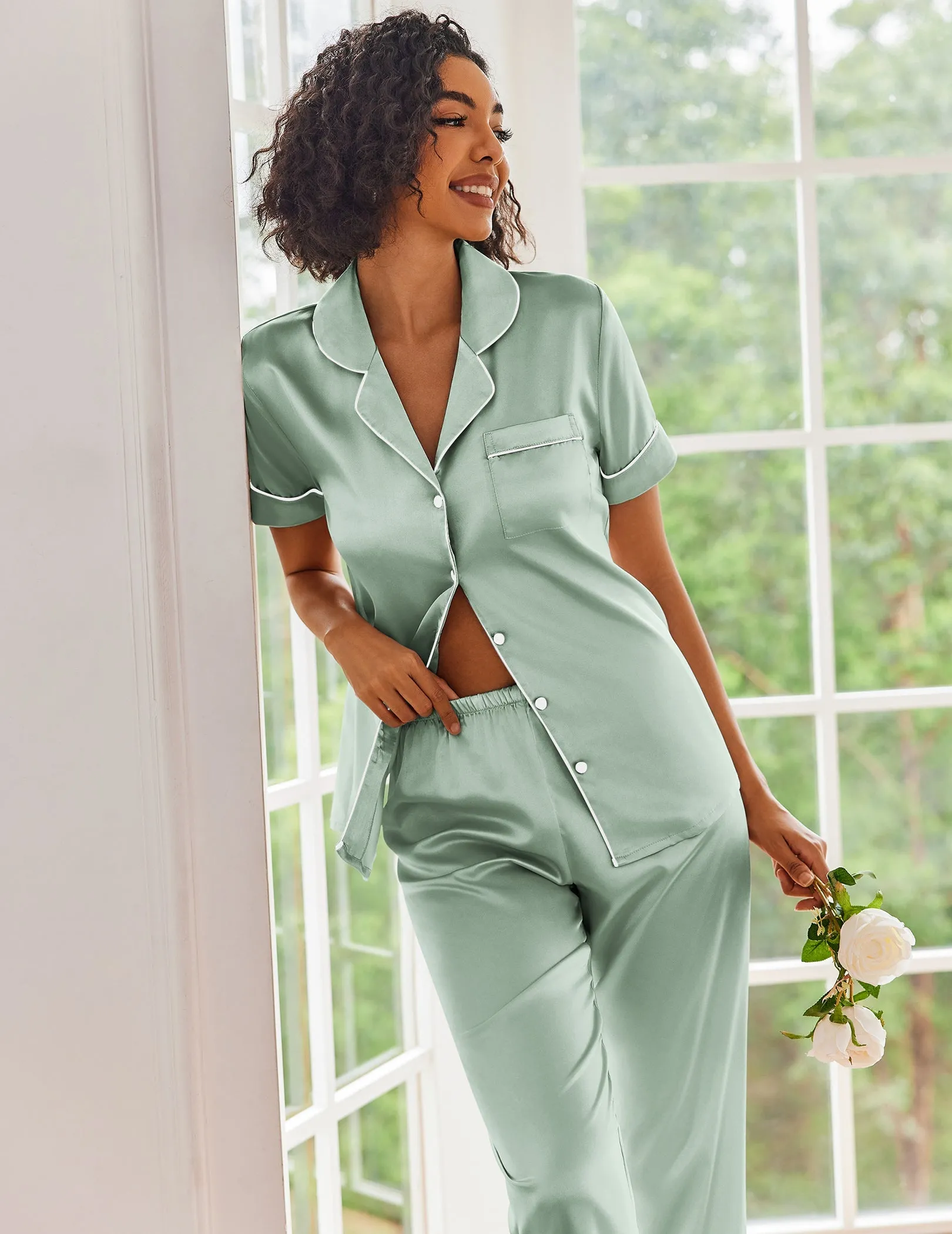 Ekouaer Short Sleeve Silk Satin Pajamas Set (US Only)