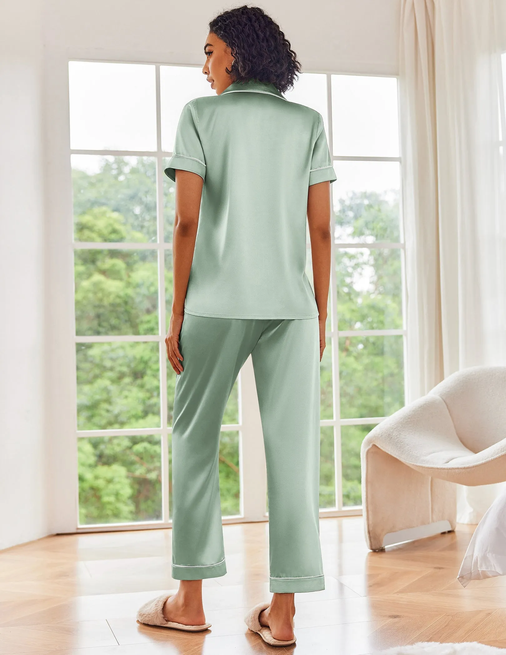 Ekouaer Short Sleeve Silk Satin Pajamas Set (US Only)