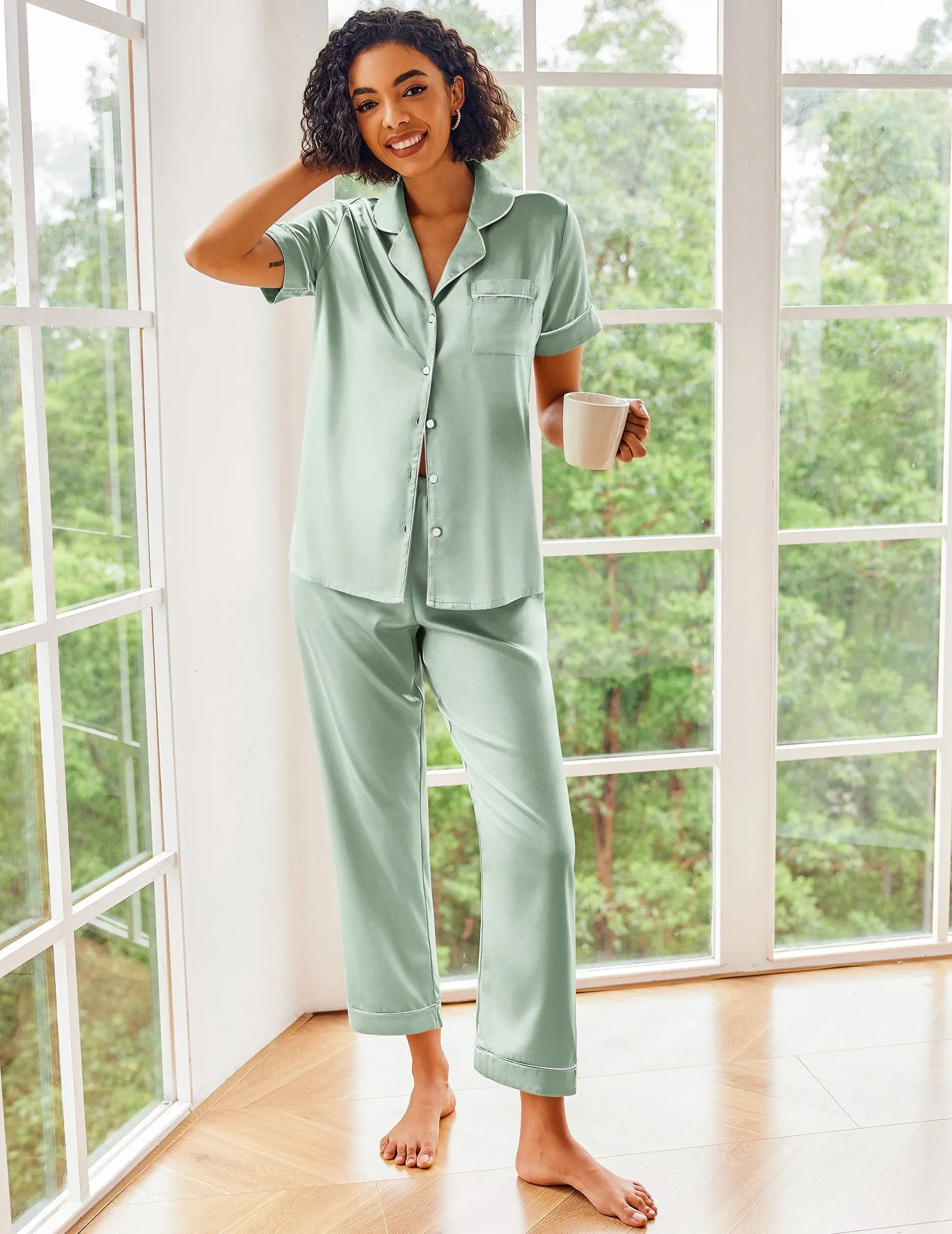 Ekouaer Short Sleeve Silk Satin Pajamas Set (US Only)