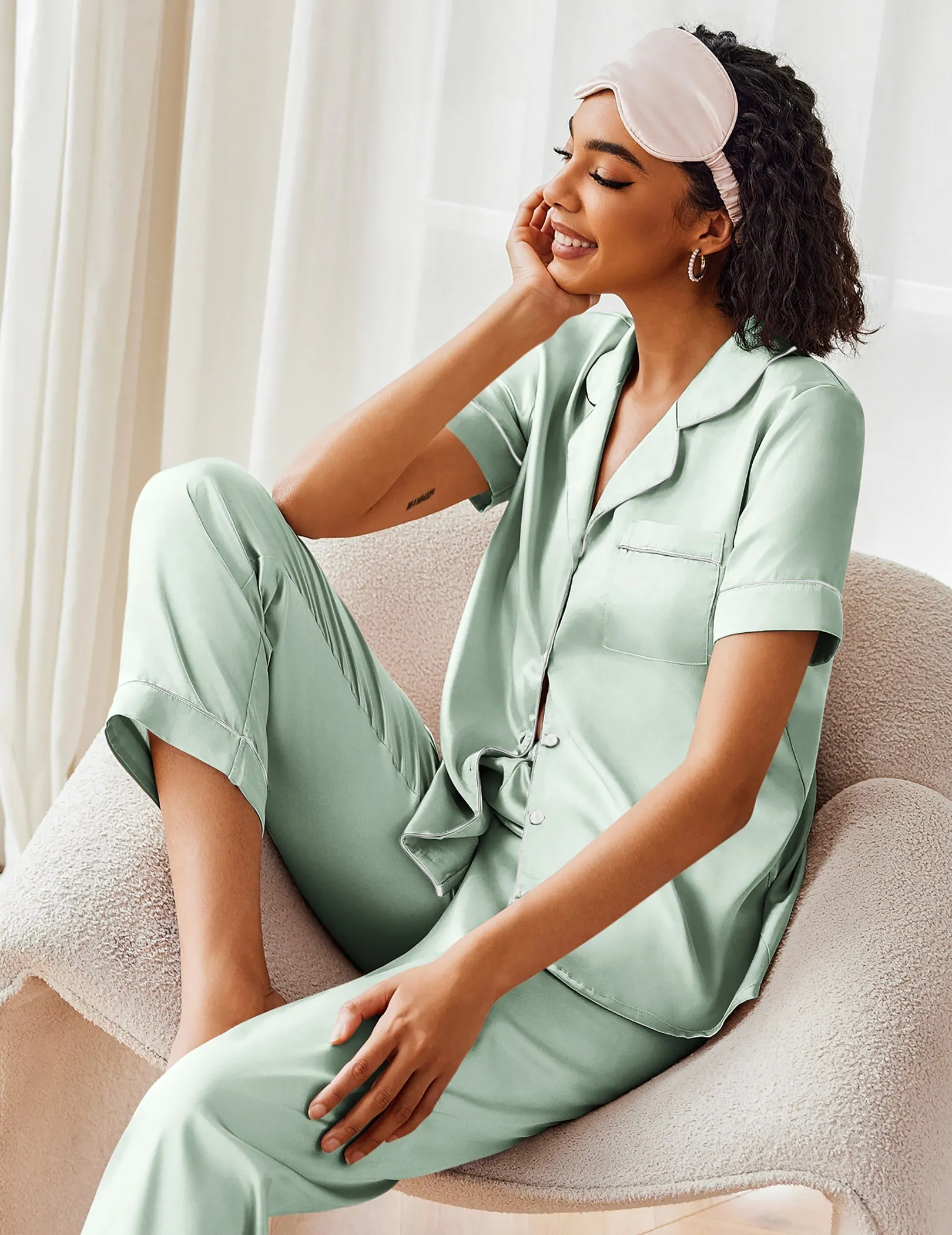 Ekouaer Short Sleeve Silk Satin Pajamas Set (US Only)
