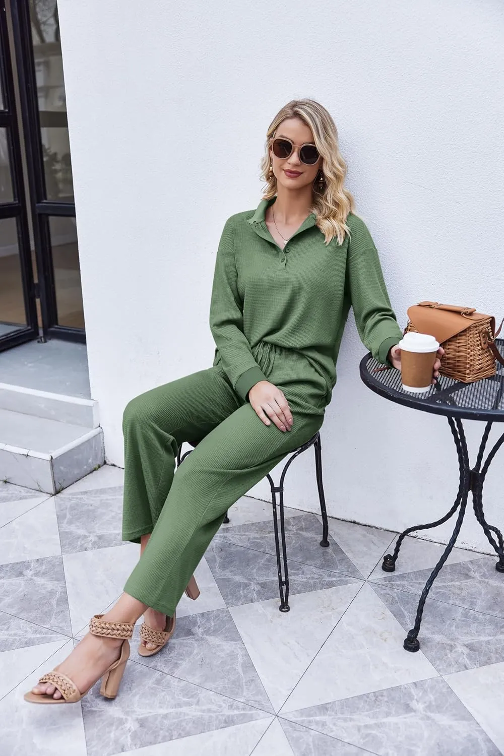 Ekouaer Waffle Knit Pajamas Set for Women 2 Piece Outfits Long Sleeve Button Top and Wide Leg Pant with Pockets Loungewear