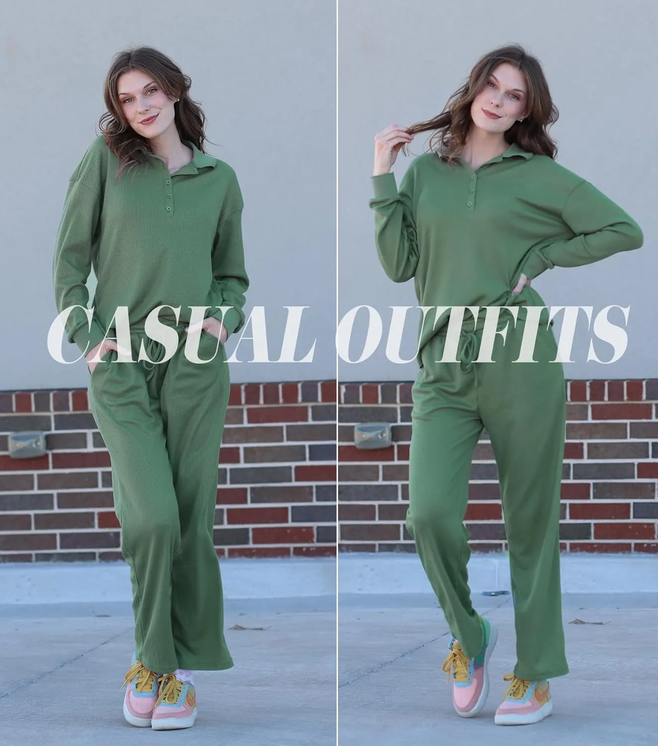 Ekouaer Waffle Knit Pajamas Set for Women 2 Piece Outfits Long Sleeve Button Top and Wide Leg Pant with Pockets Loungewear