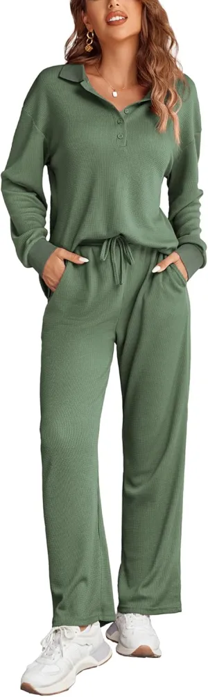Ekouaer Waffle Knit Pajamas Set for Women 2 Piece Outfits Long Sleeve Button Top and Wide Leg Pant with Pockets Loungewear