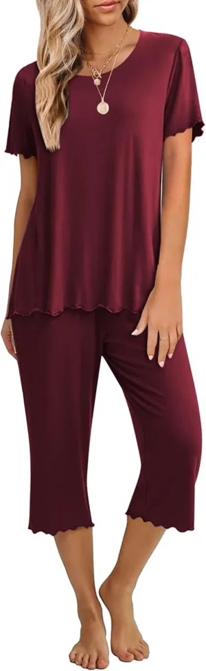 Ekouaer Women's Pajamas Set Short Sleeve Top With Capri Pants Pjs 2 PIece Lounge & Sleepwear Set S-XXL
