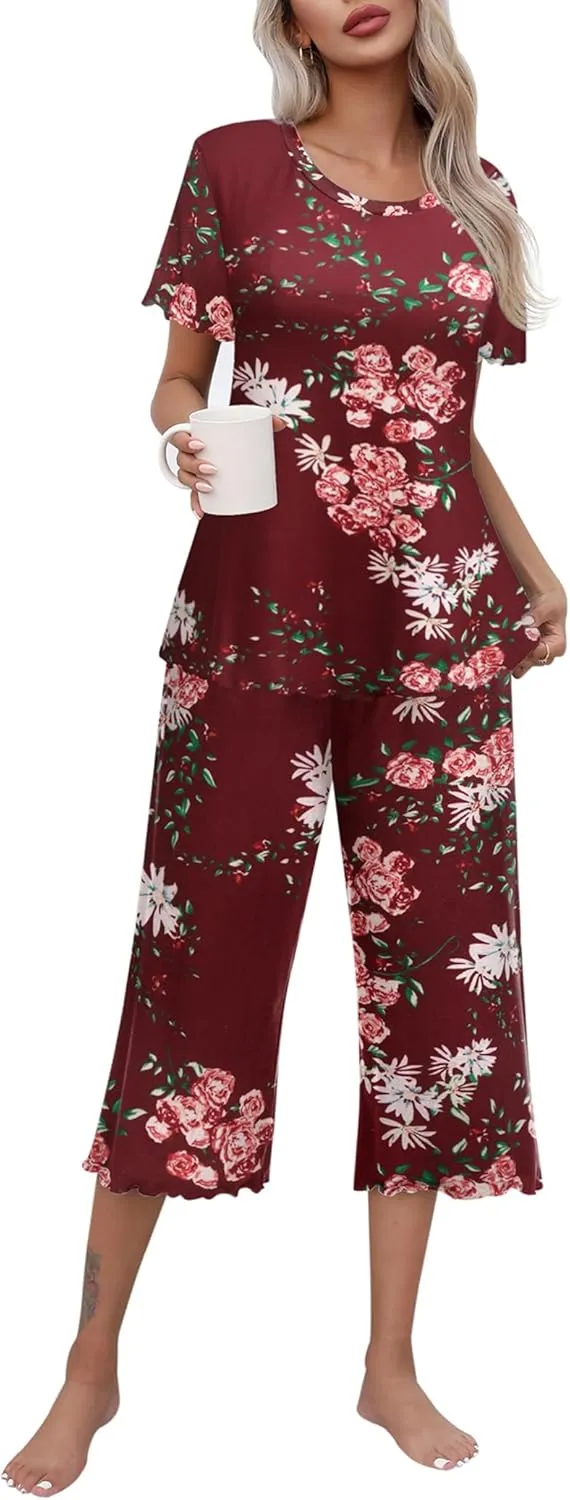 Ekouaer Women's Pajamas Set Short Sleeve Top With Capri Pants Pjs Lounge & Sleepwear Set S-XXL