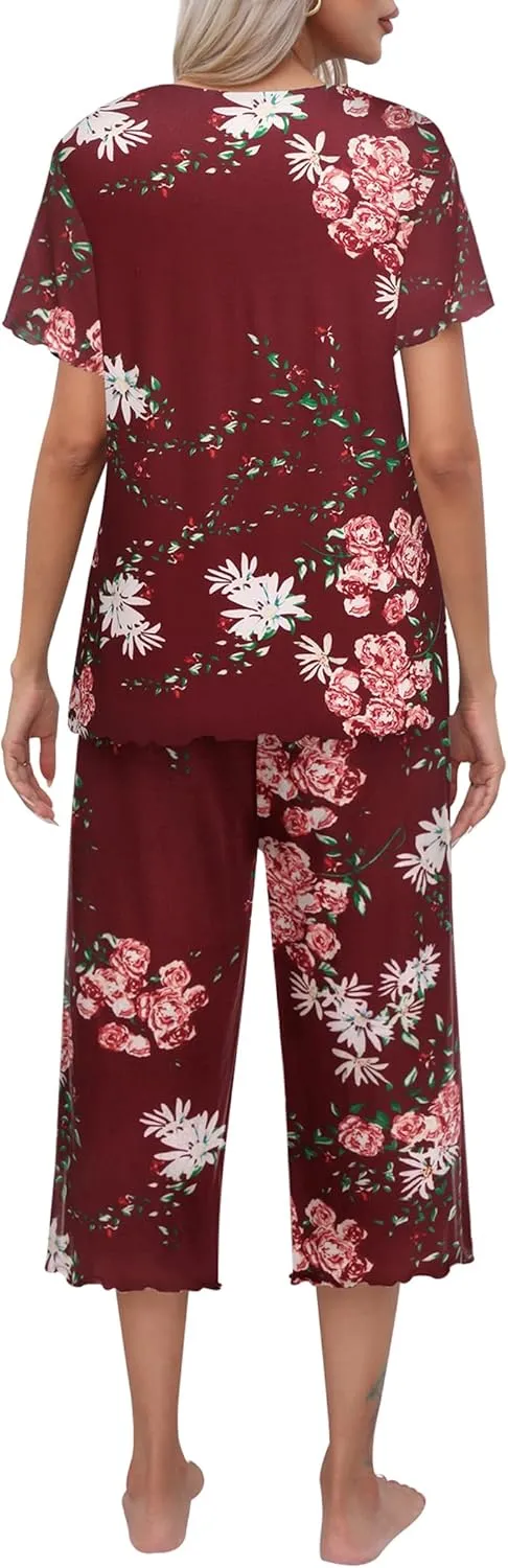 Ekouaer Women's Pajamas Set Short Sleeve Top With Capri Pants Pjs Lounge & Sleepwear Set S-XXL