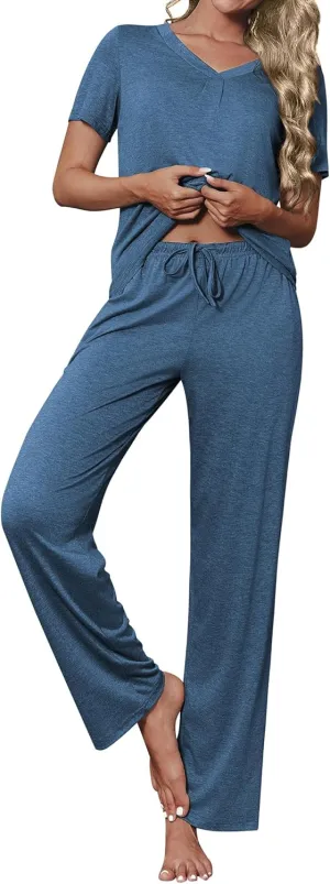 Ekouaer Women's Pajamas Set Soft 2 Piece Lounge Sets V-neck Sleepwear Short Sleeve Top Pants with Pockets